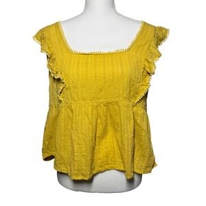 Loveriche Babydoll Peplum Top L Yellow Excellent Pom Pom Flutter Sleeve Cotton